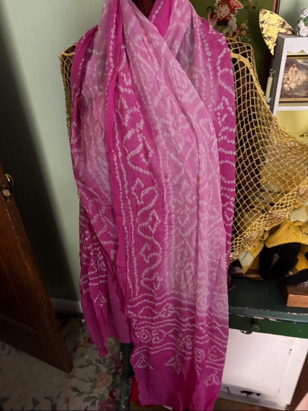 Vibrant Pink Tie-Dye Scarf with White Pattern
